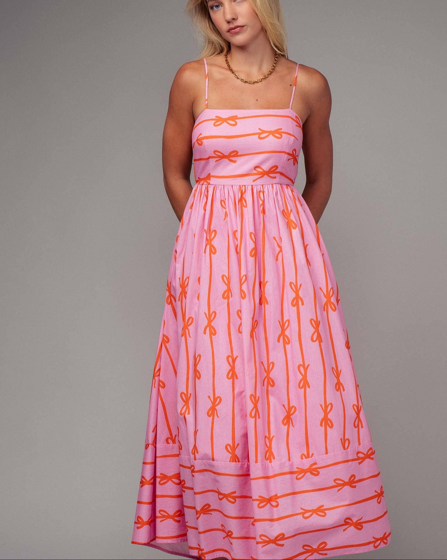 Ribbon Stripe Bow Print Maxi Dress