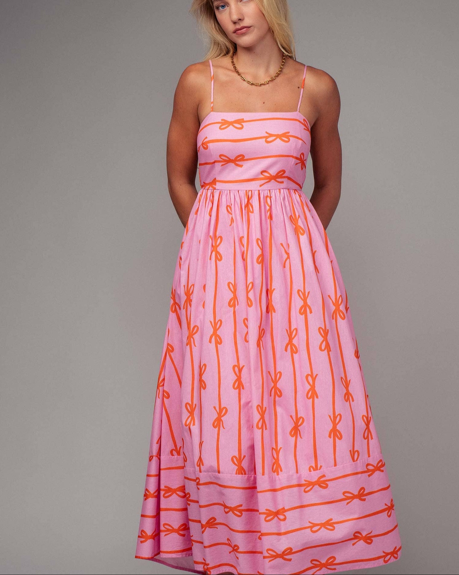 Ribbon Stripe Bow Print Maxi Dress