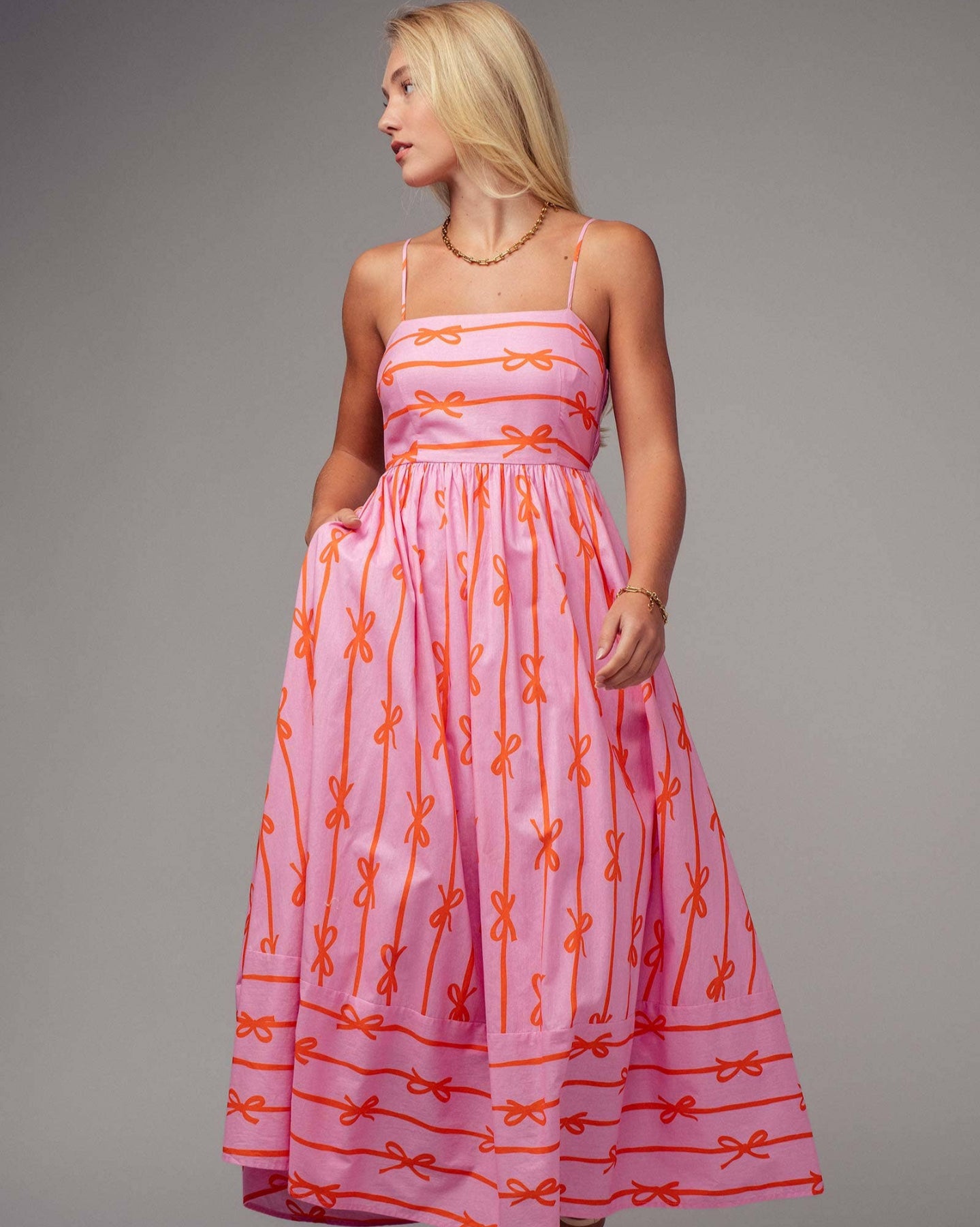 Ribbon Stripe Bow Print Maxi Dress