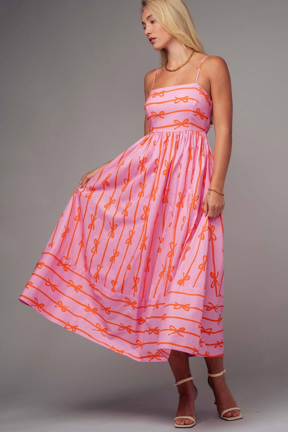 Ribbon Stripe Bow Print Maxi Dress