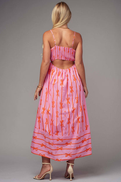 Ribbon Stripe Bow Print Maxi Dress