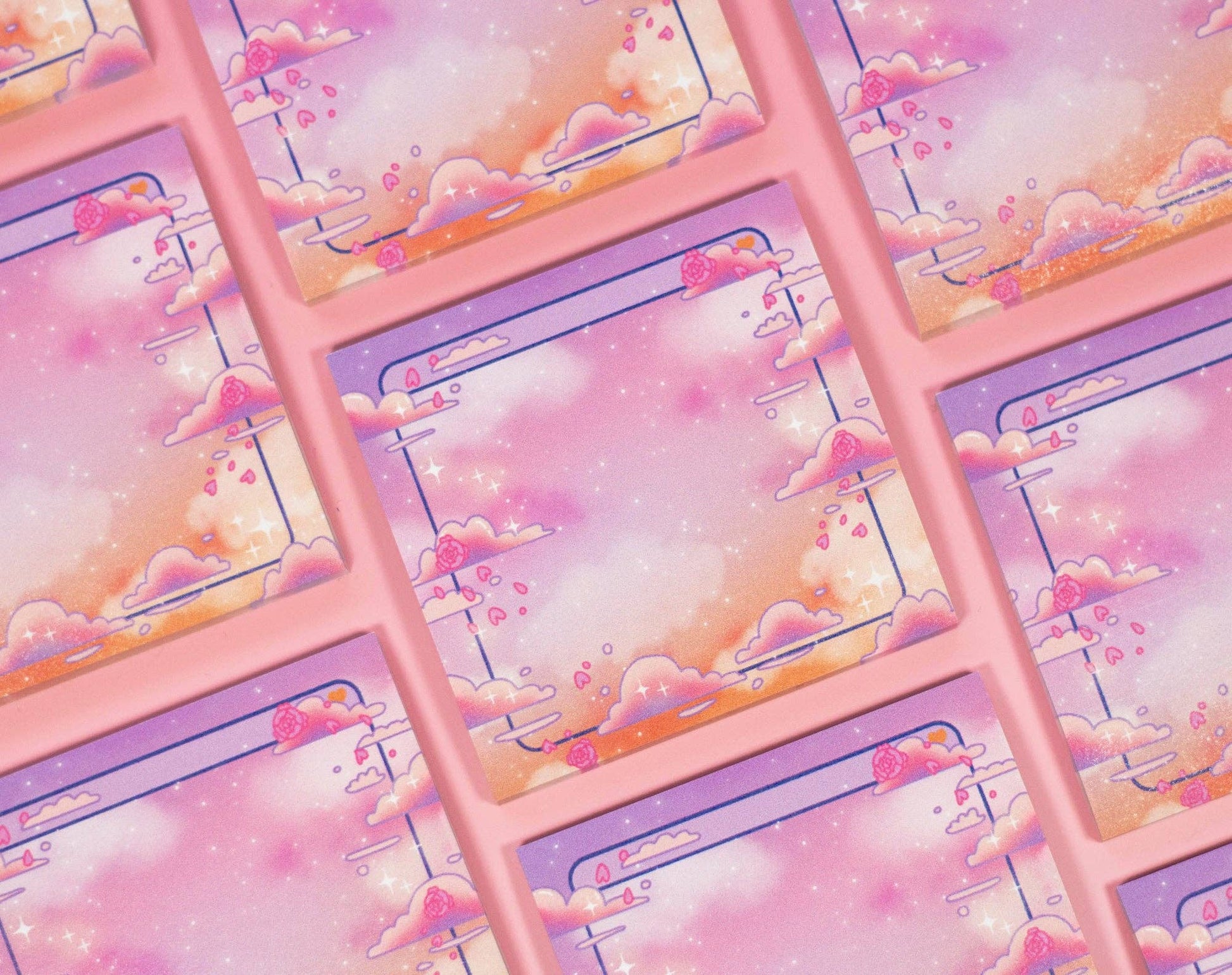 Repeating pattern of colorful sticky notes with pink borders and cloud designs.