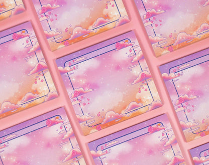 Repeating pattern of colorful sticky notes with pink borders and cloud designs.