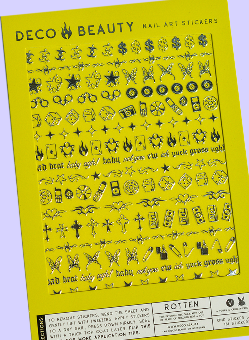 Rotten Chrome Nail Art Stickers, sheet of nail art stickers with various designs on a yellow background, branded 'Deco Beauty'.
