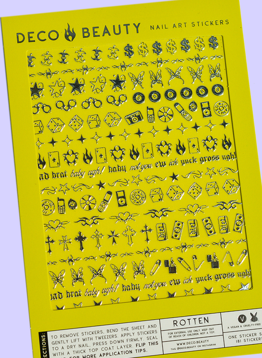 Rotten Chrome Nail Art Stickers, sheet of nail art stickers with various designs on a yellow background, branded 'Deco Beauty'.