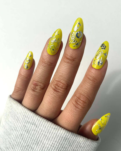 Hand with yellow nail art on a white background, Rotten Chrome Nail Art Stickers