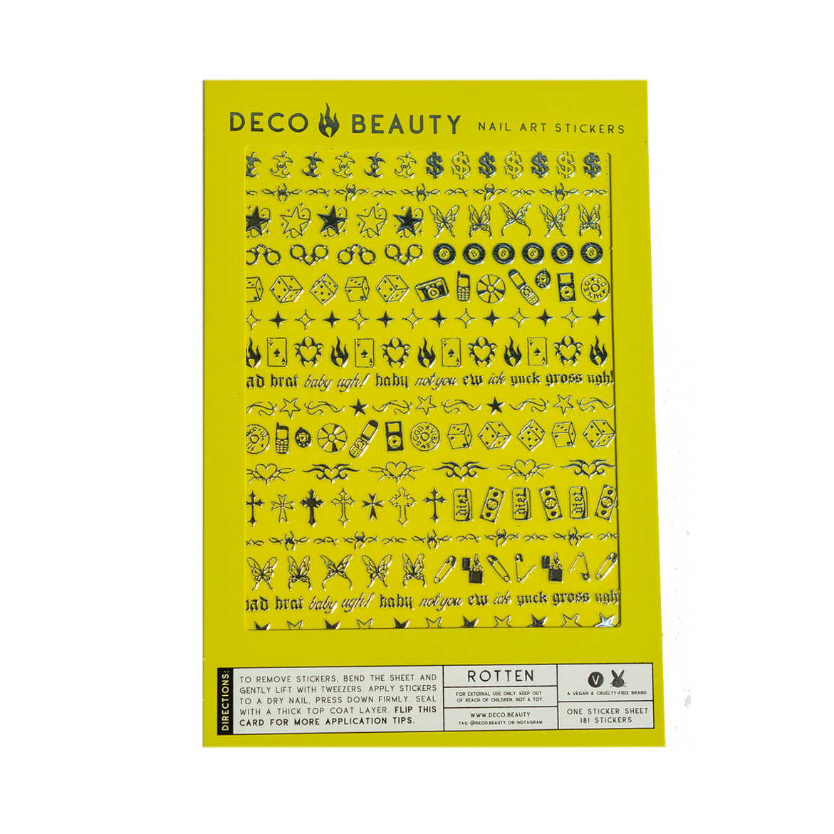 Packaging of Deco Beauty nail art stickers with various designs on a yellow background