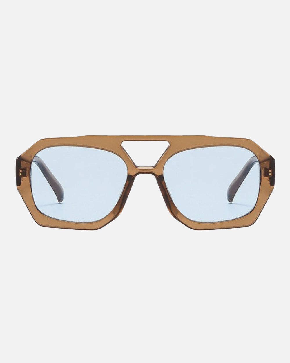 Sunglasses with brown frame and blue lenses on a white background