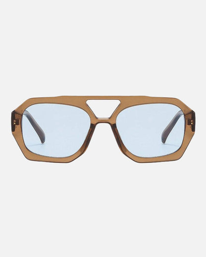 Sunglasses with brown frame and blue lenses on a white background