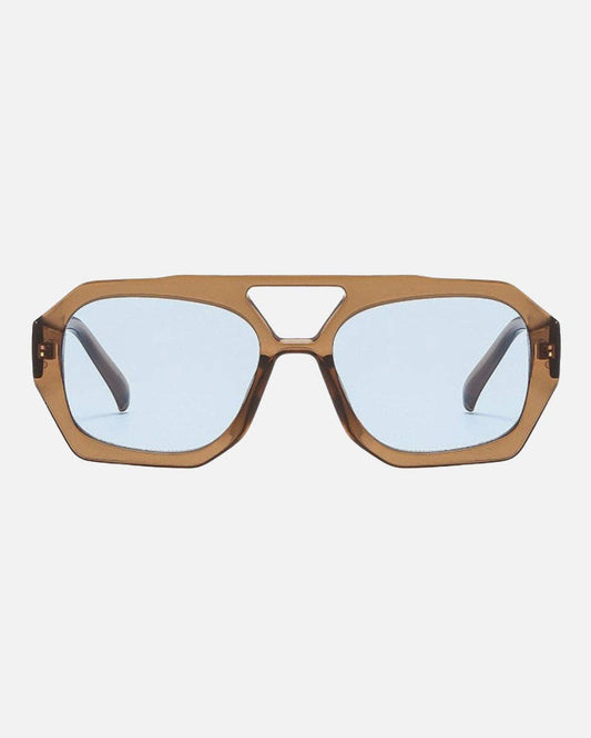 Sunglasses with brown frame and blue lenses on a white background