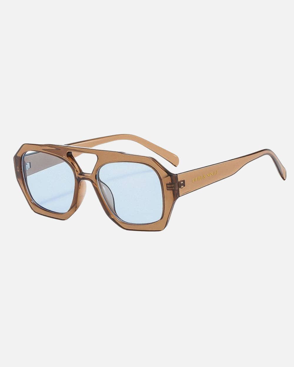 Sunglasses with brown frame and light blue lenses on a white background