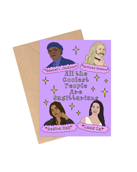 Greeting card with illustrations of four people and text on a purple background, with a brown envelope. Sagittarius Celebrities Birthday Card, Lucy Lu, REgina Hall, Britney Spears, Samuel L Jackson