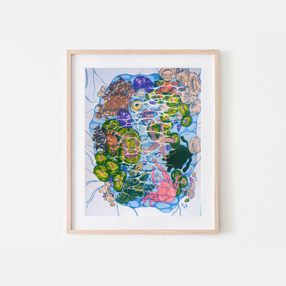 Framed artwork of colorful sea creatures on a white wall, San Juan Tidepools Risograph Art Print, Christina Hu