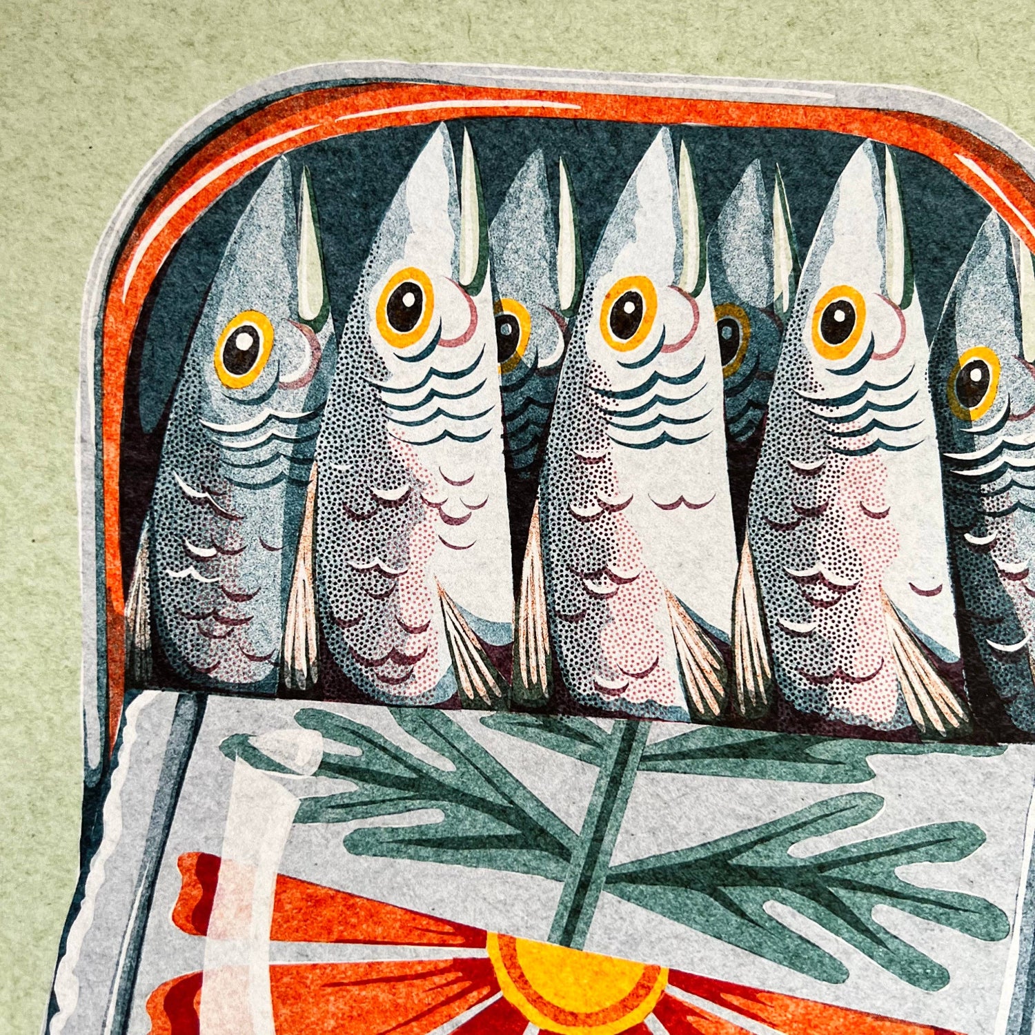 Illustration of fish with a colorful border on a textured background, chaos magic studio, Sardines Art Print