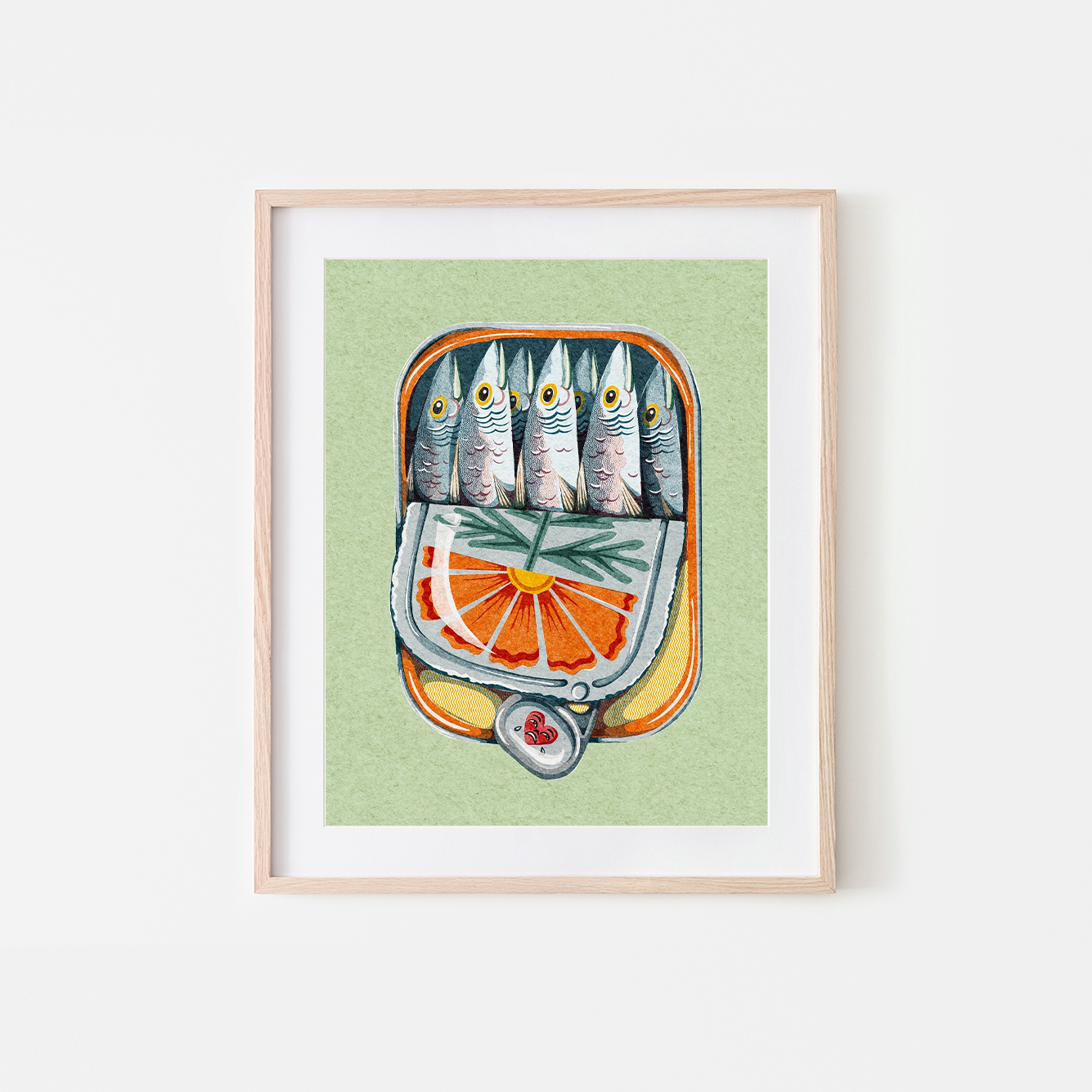 Framed artwork of sardines fish in a can with a green background. Sardines Art Print, chaos magic studio