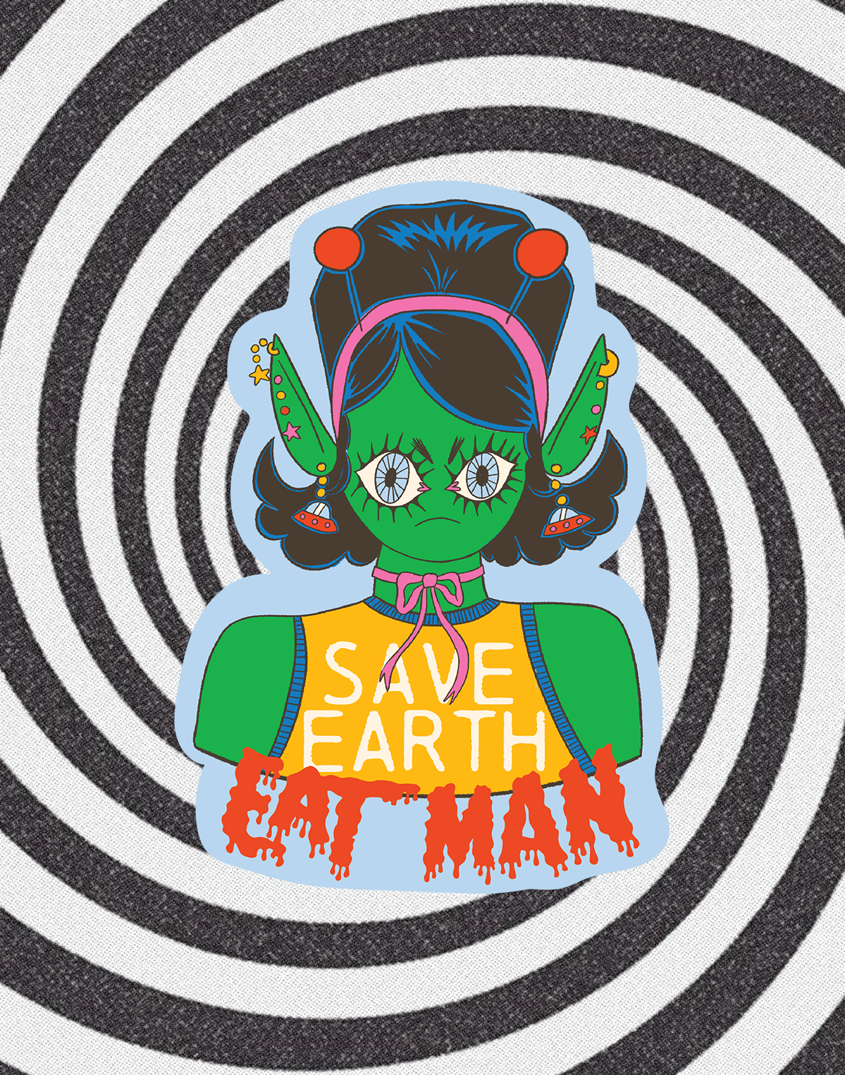 Colorful illustration of a character with 'Save Earth' text on a black and white spiral background