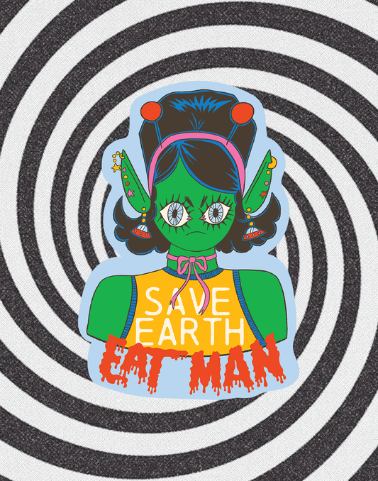 Colorful illustration of a character with 'Save Earth' text on a black and white spiral background