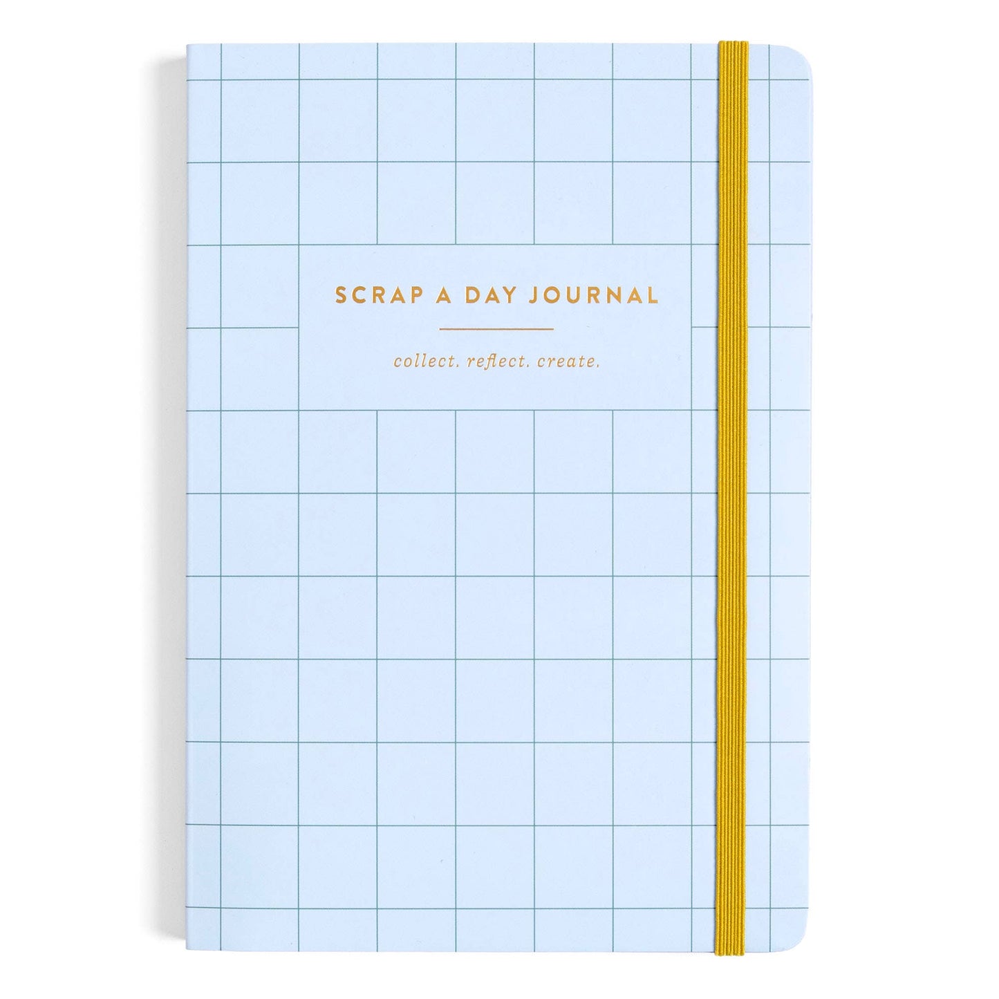 A light blue grid-bound journal with a yellow elastic closure band and gold foil text reading 'SCRAP A DAY JOURNAL' and 'collect. reflect.