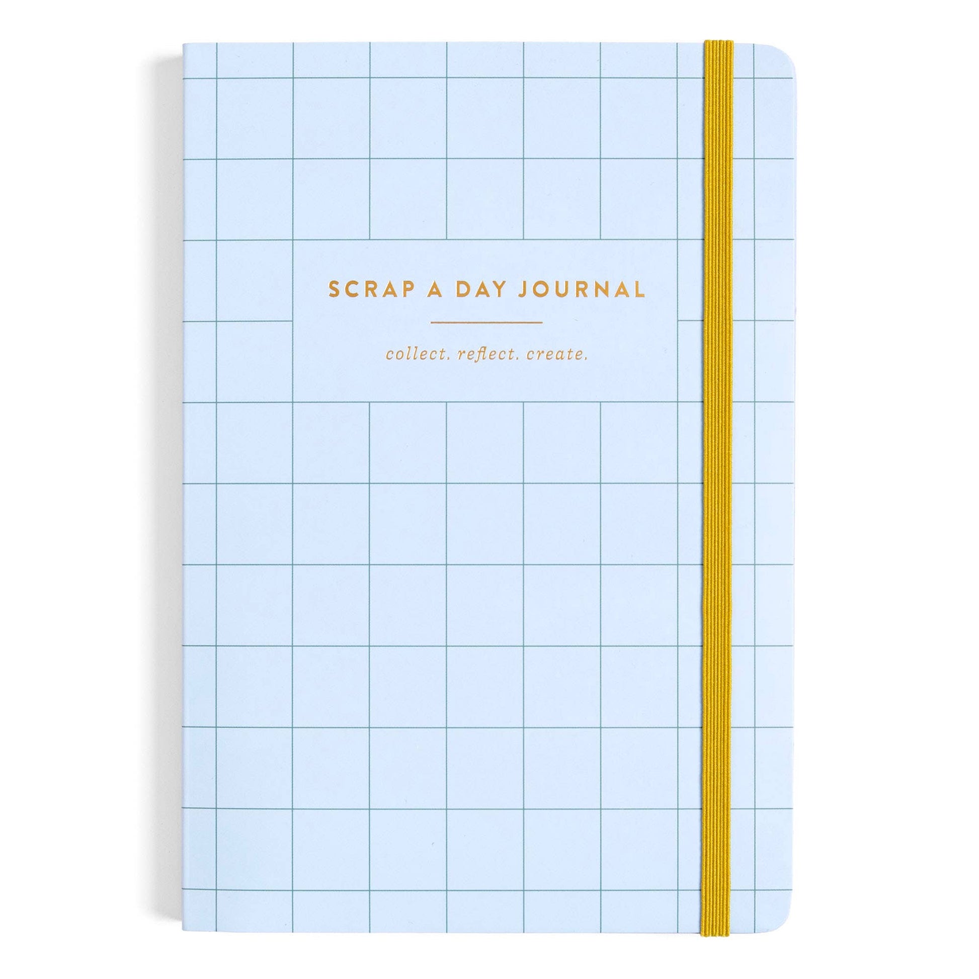 A light blue grid-bound journal with a yellow elastic closure band and gold foil text reading 'SCRAP A DAY JOURNAL' and 'collect. reflect.