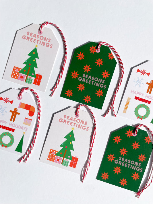 Set of Christmas-themed gift tags with decorative ribbons on a white background, Seasons Greetings Gift Tag Set of 6
