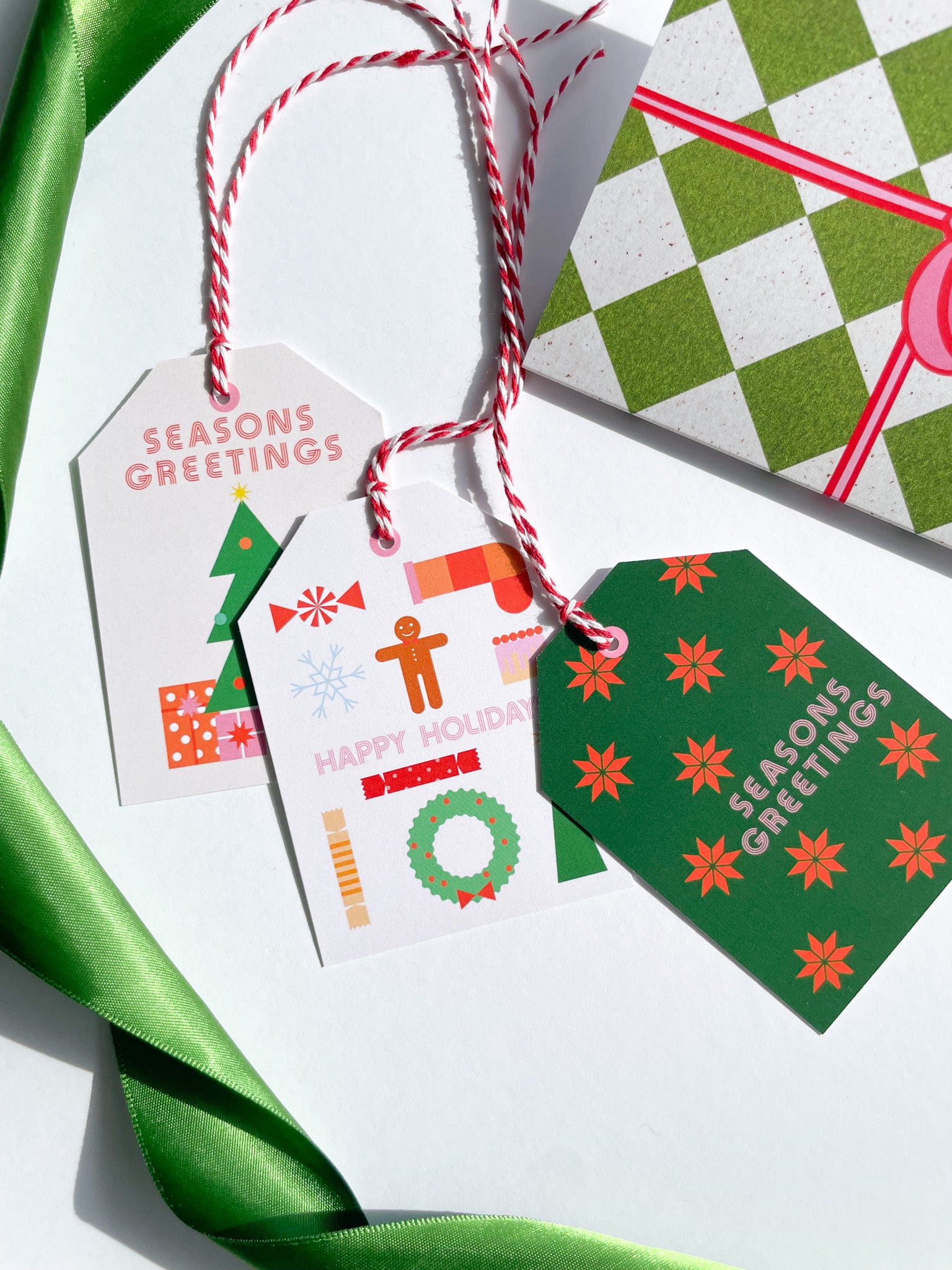 Set of Christmas-themed gift tags with decorative ribbons on a white background, Seasons Greetings Gift Tag Set of 6