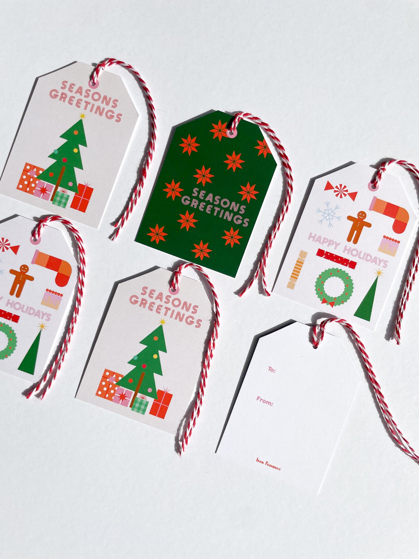 Set of Christmas gift tags with festive designs on a white background, Seasons Greetings Gift Tag Set of 6