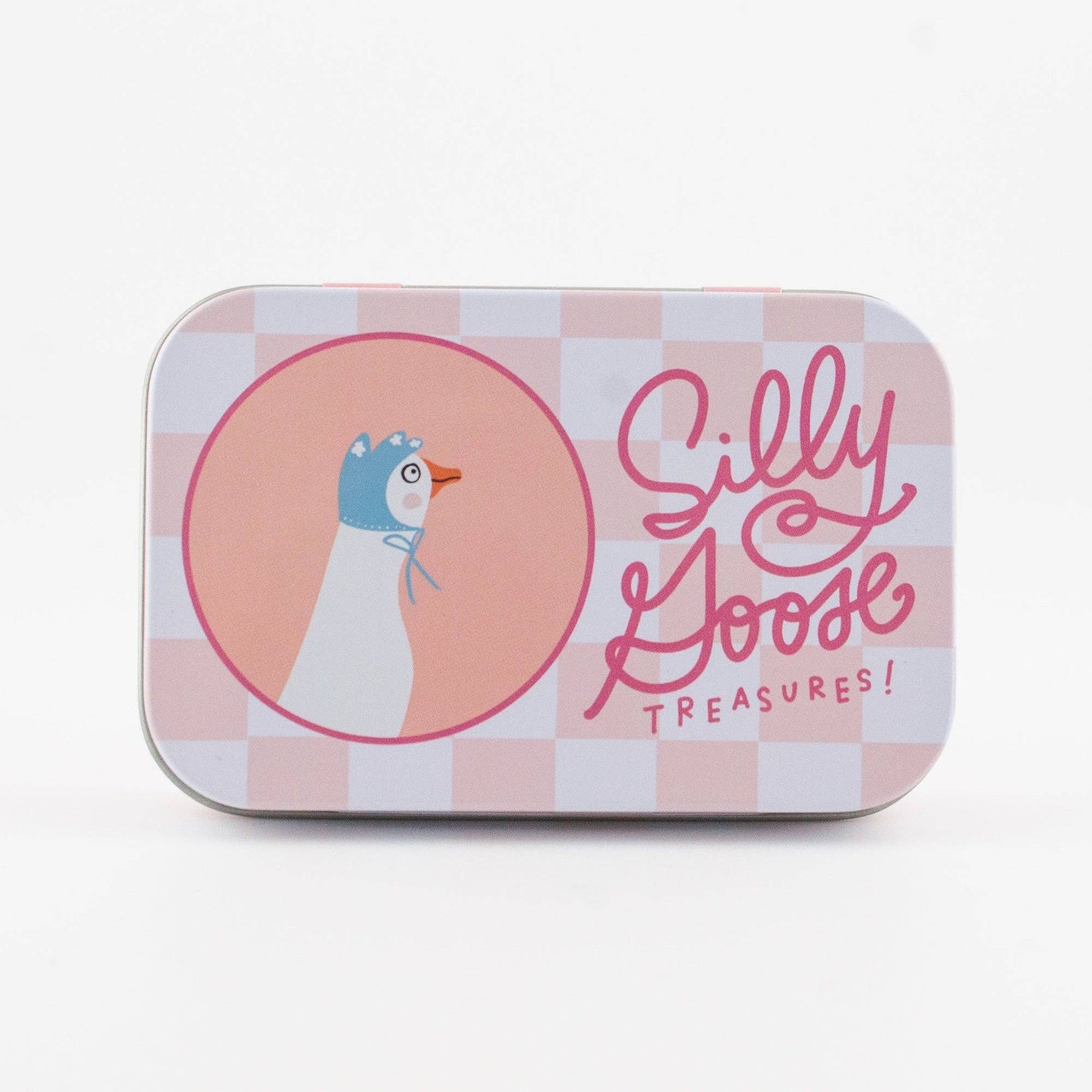 Tin box with a goose illustration and 'Silly Goose Treasures!' text on a checkered background