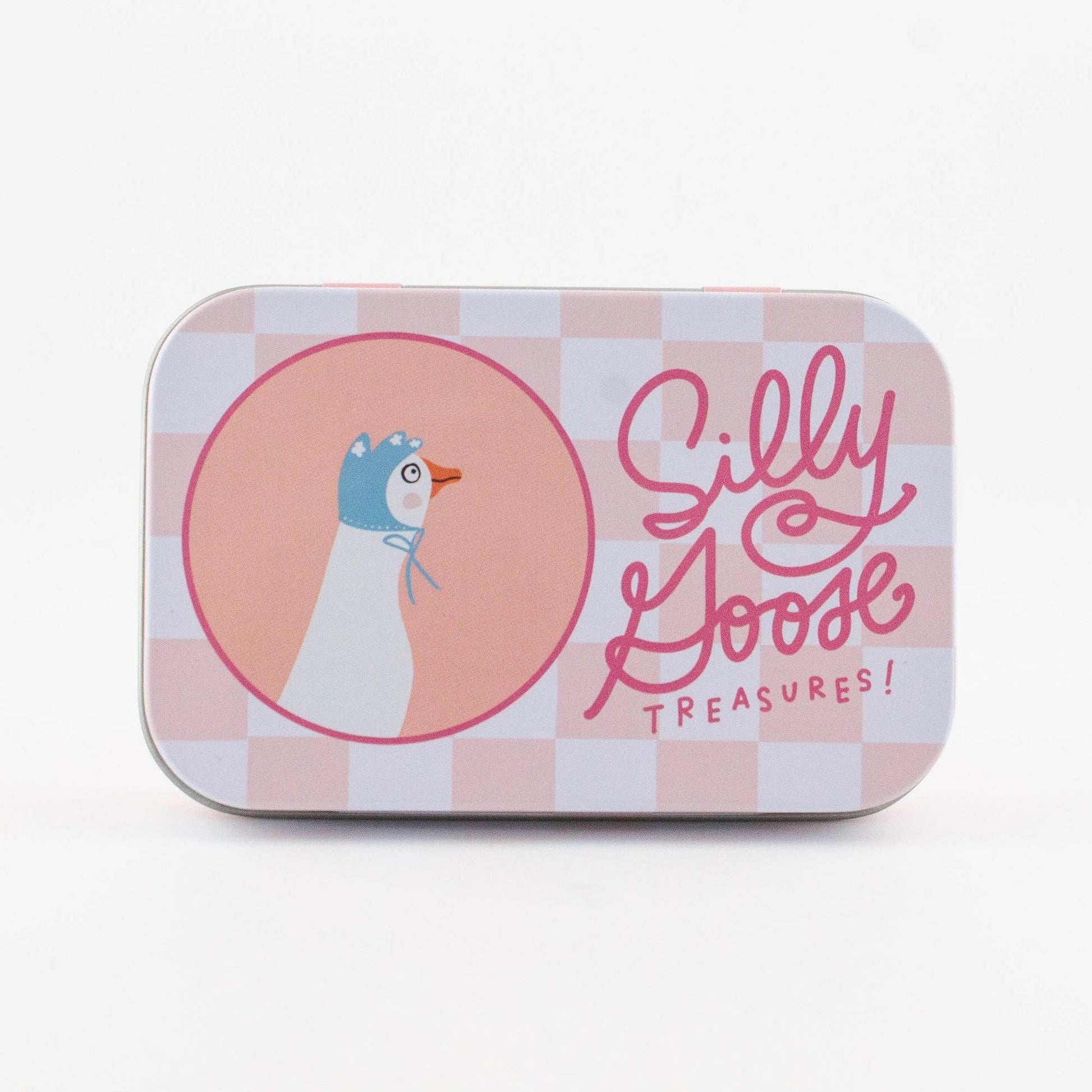 Tin box with a goose illustration and 'Silly Goose Treasures!' text on a checkered background