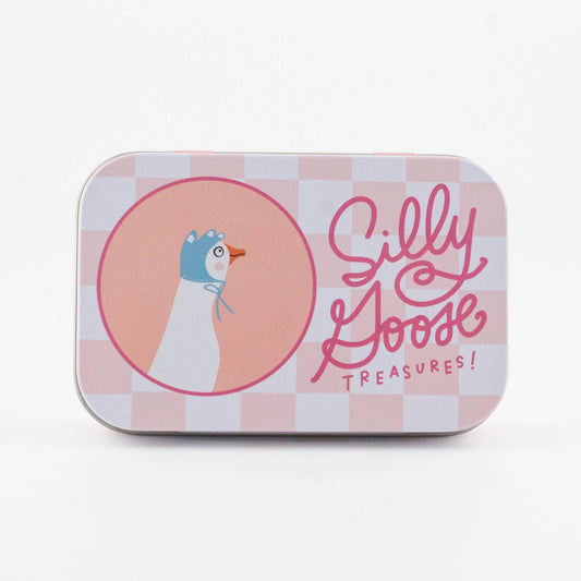 Tin box with a goose illustration and 'Silly Goose Treasures!' text on a checkered background