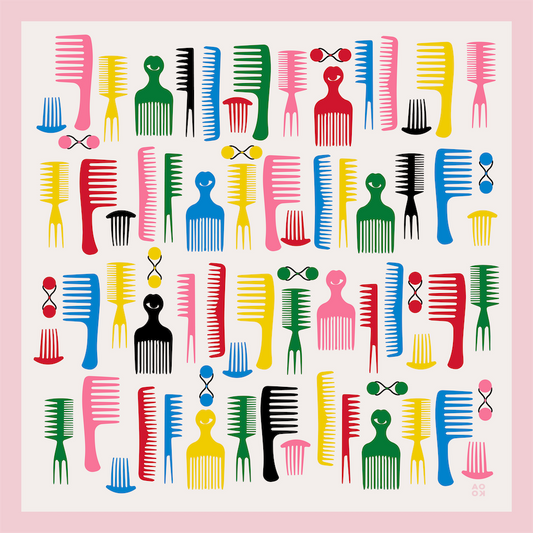 Colorful pattern of combs and abstract figures on a pink background