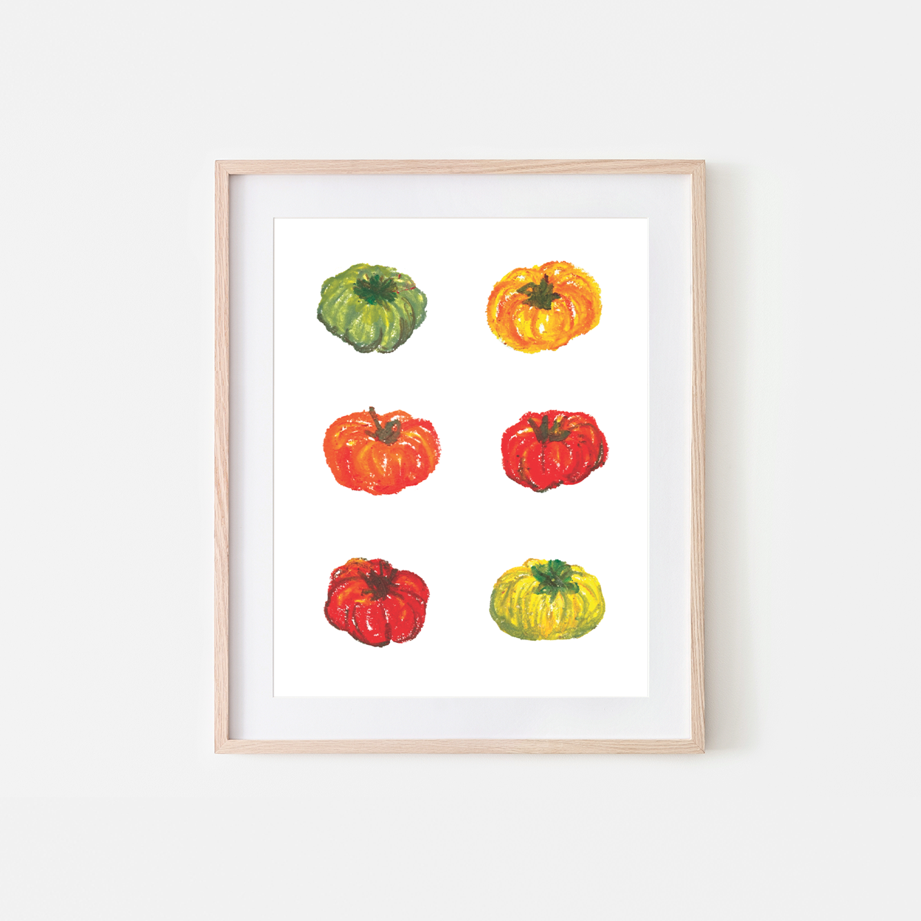 Framed artwork of colorful vegetables on a white background, Six Tomatoes Art Print