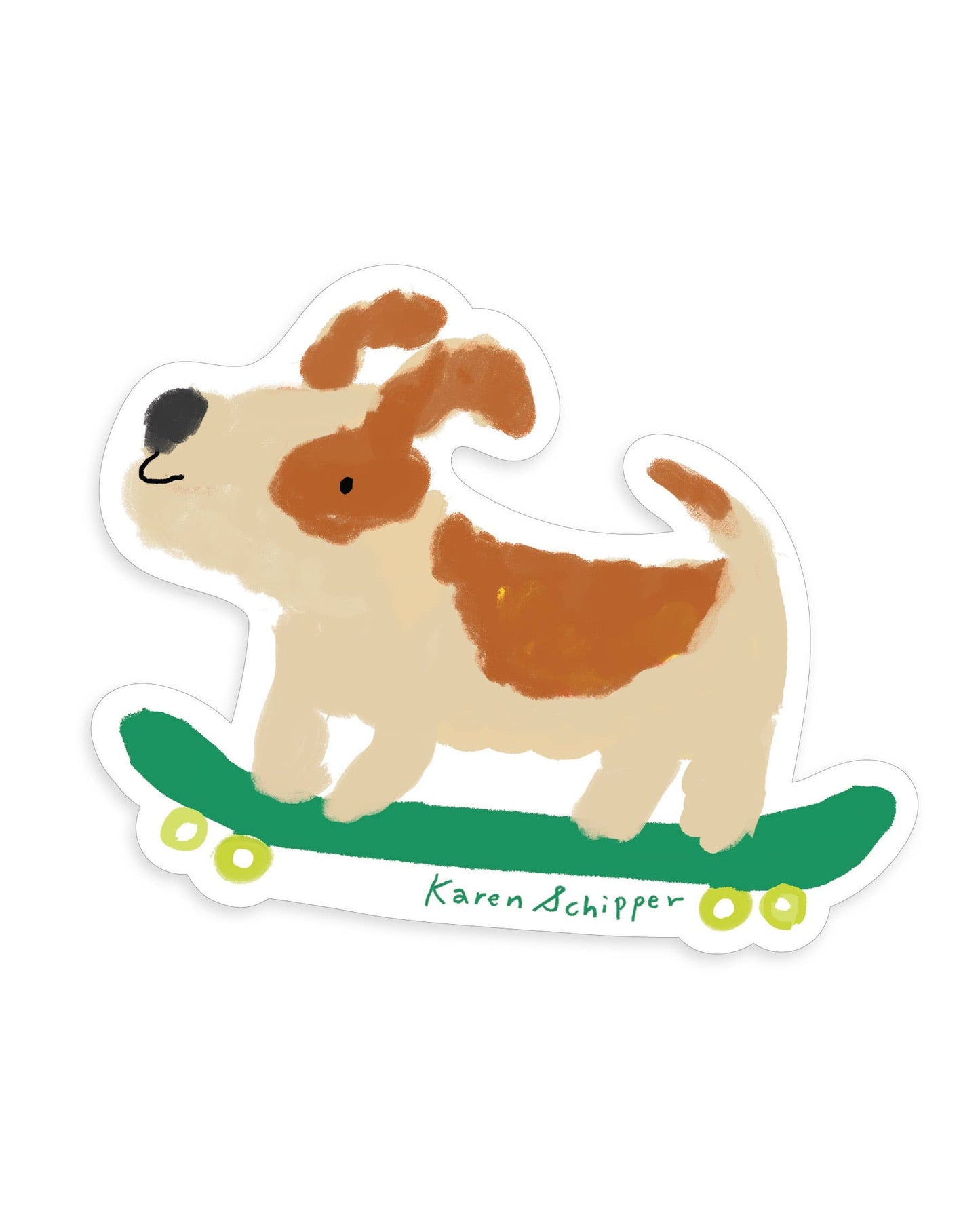 Illustration of a dog on a skateboard with 'Karen Schipper' signature, on a white background