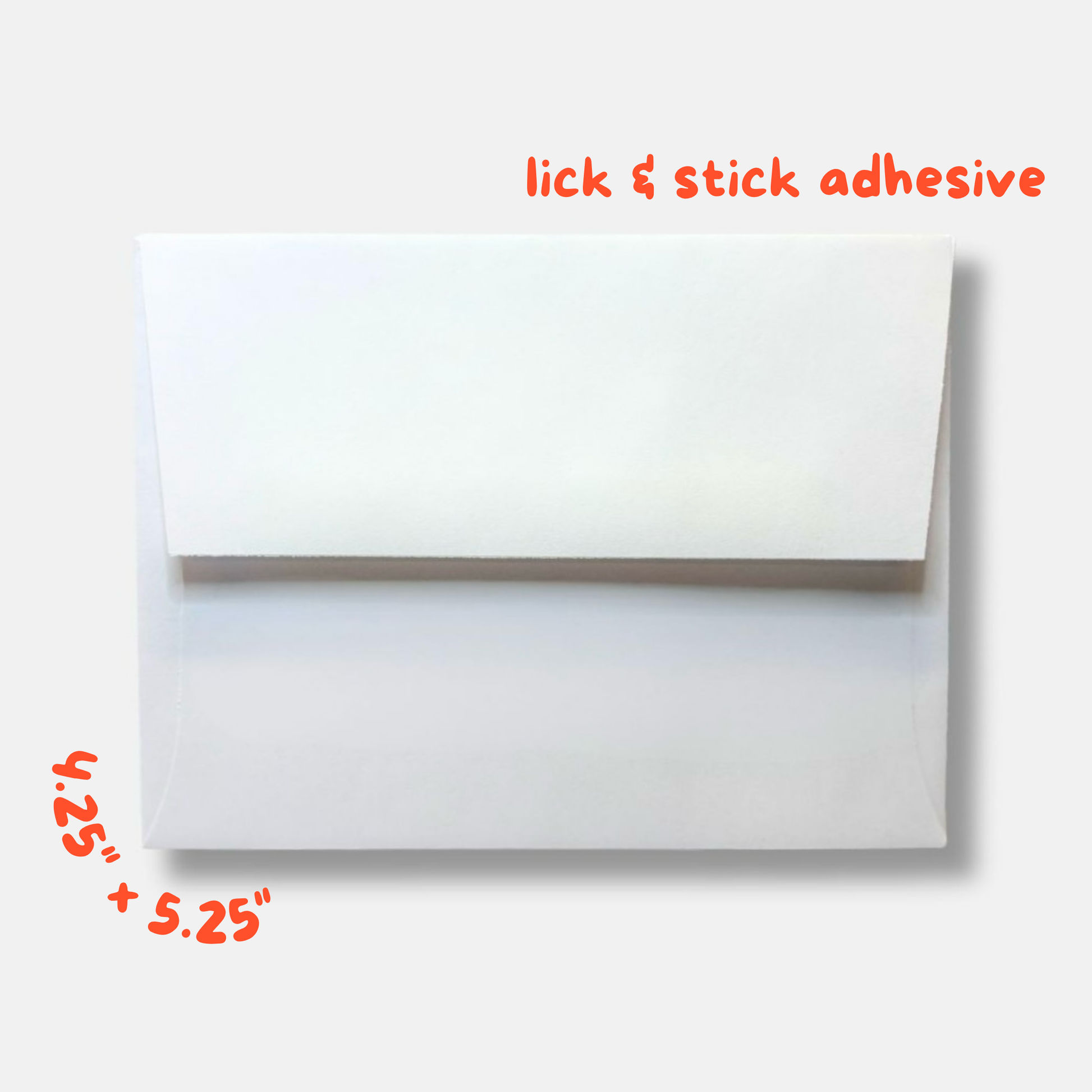 White envelope with 'lick & stick adhesive' text and dimensions on a white background