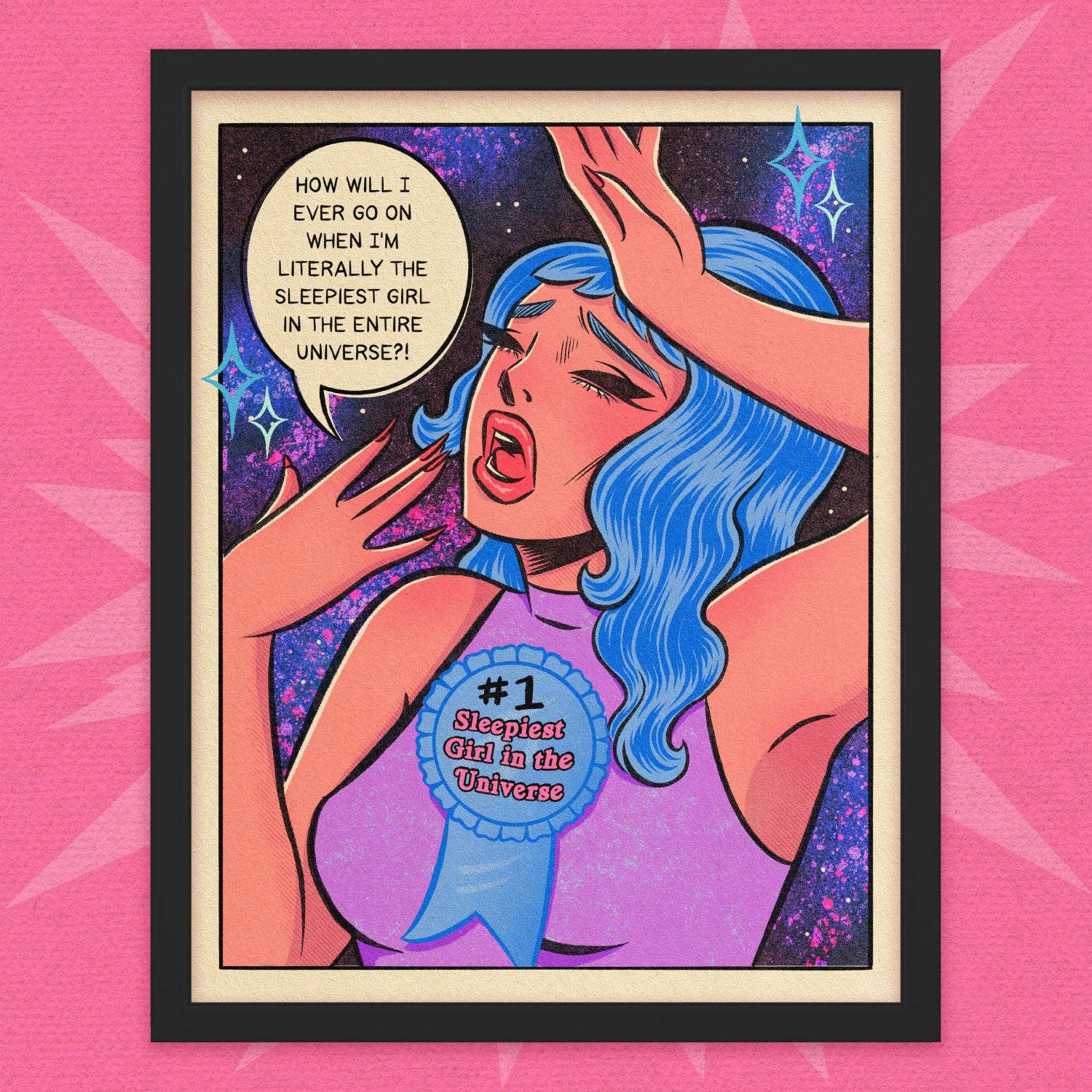 Framed artwork of a woman with blue hair and a speech bubble on a pink background
