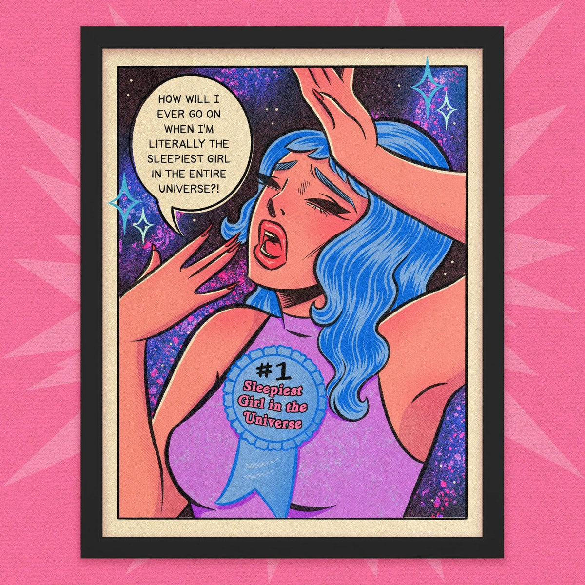 Framed artwork of a woman with blue hair and a speech bubble on a pink background