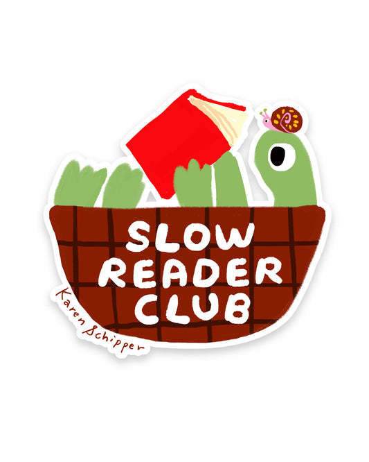 Illustration of a turtle holding a book with 'Slow Reader Club' text on a white background