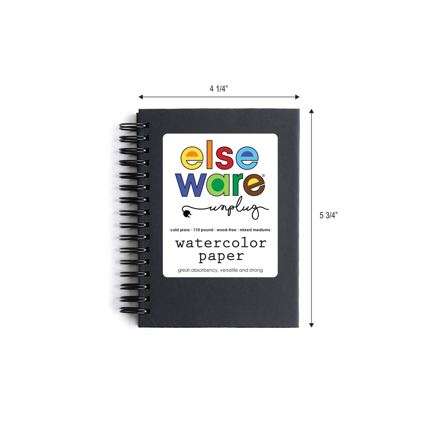 Black watercolor paper pad with colorful 'else ware' branding and dimensions on a white background