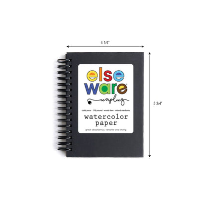 Black watercolor paper pad with colorful 'else ware' branding and dimensions on a white background