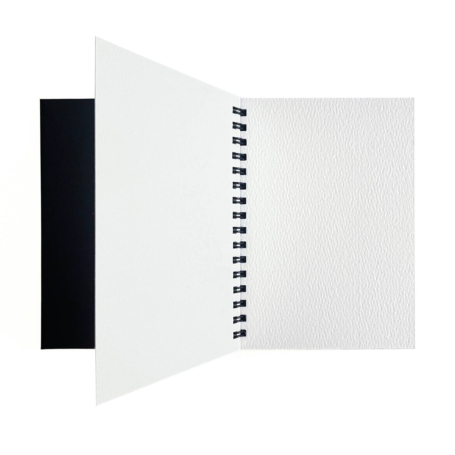 White notebook with black binding on a white background