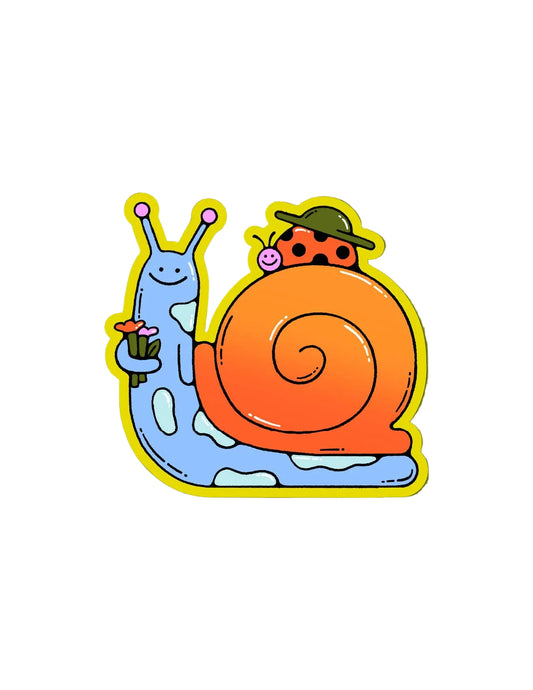 Colorful illustration of a snail with a ladybug on its shell against a green background