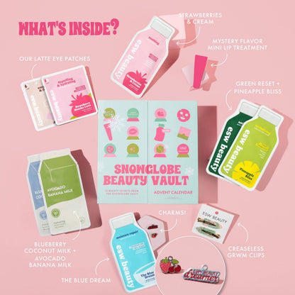 A flat-lay product presentation of the Snowglobe Beauty Vault Advent Calendar on a light pink background, surrounded by illustrated product packages and labels indicating contents such as eye patches, lip treatment, milk drinks, charms, and gummy cream.