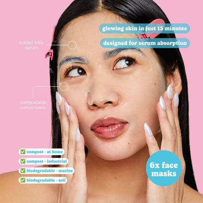 A woman with dark hair and white manicured nails applies a face mask to her cheek against a pink background, with text overlays describing the mask's benefits and features.