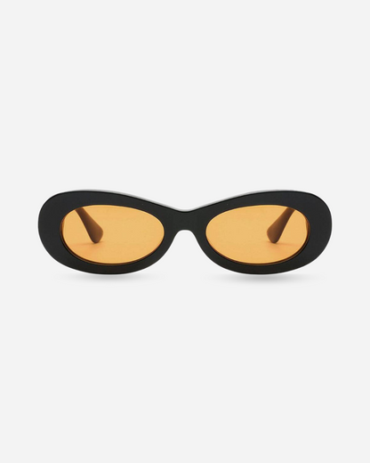 Black cat-eye SoHo sunglasses with yellow lenses on a white background
