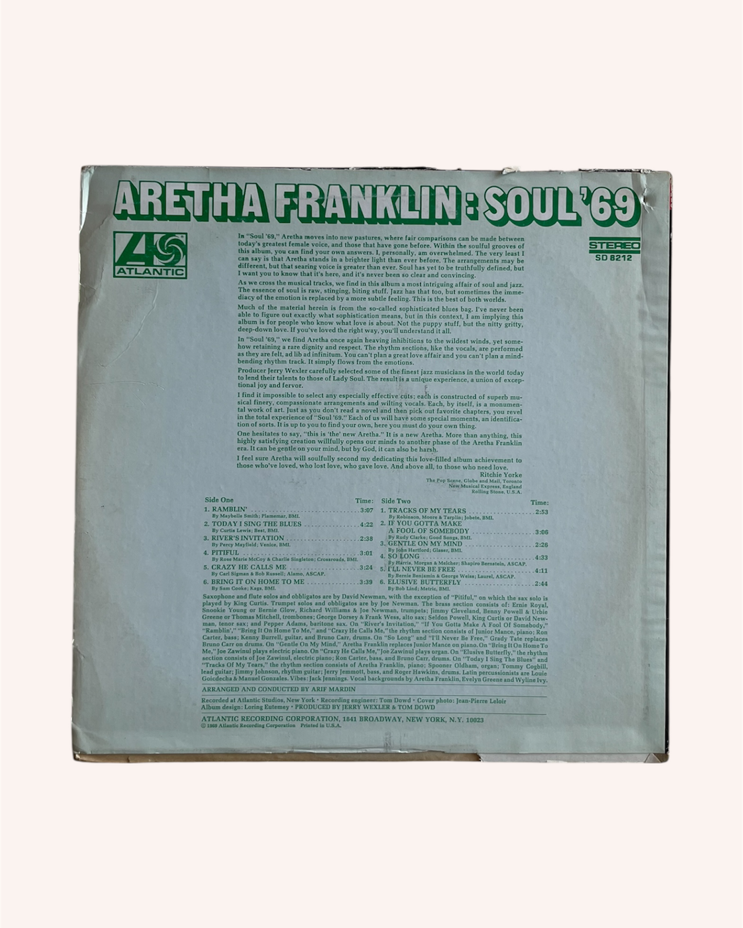Back cover of a vinyl record with text and logo, featuring Aretha Franklin's 'Soul '69'. Soul '69 Vinyl Record - Aretha Franklin