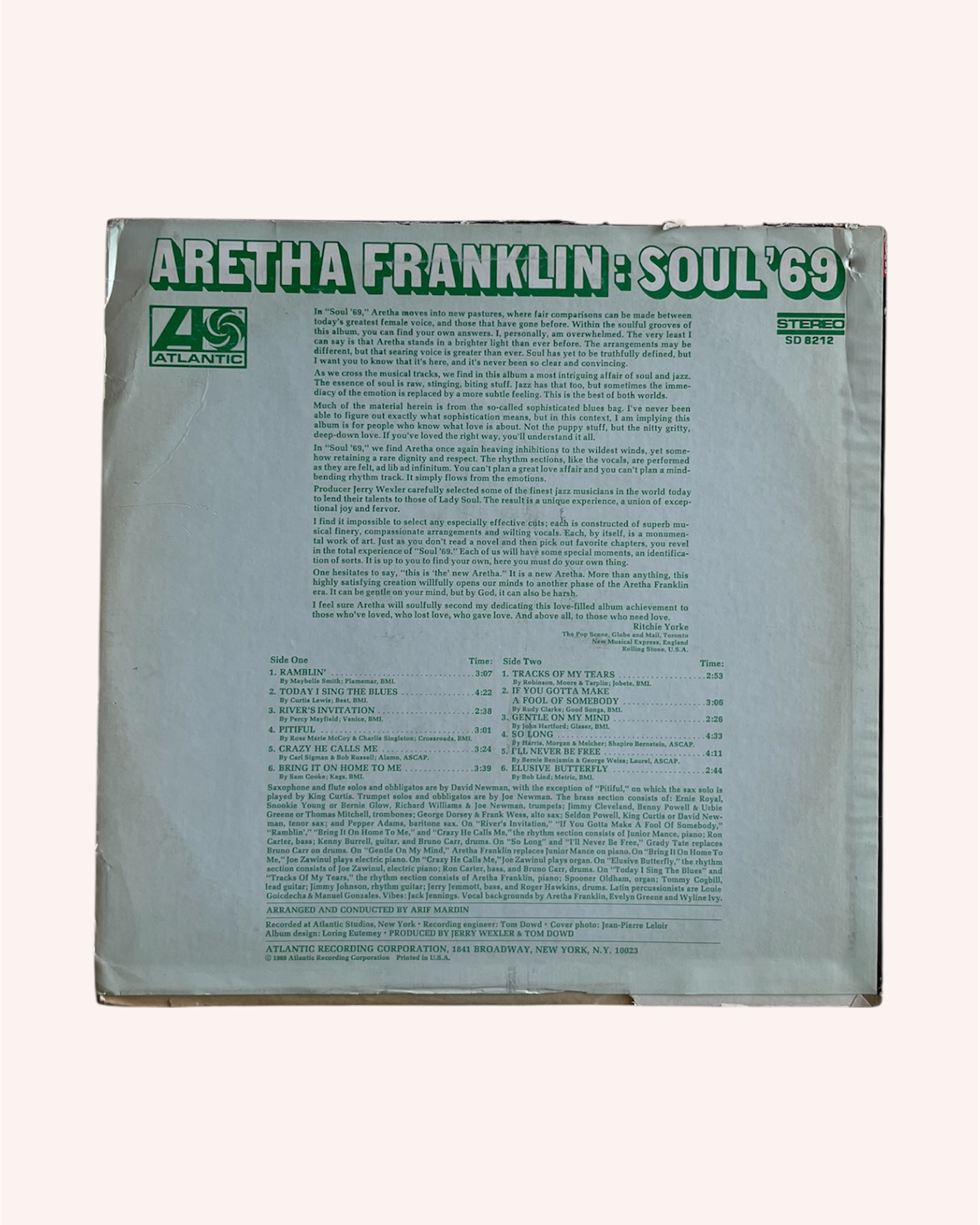 Back cover of a vinyl record with text and logo, featuring Aretha Franklin's 'Soul '69'. Soul '69 Vinyl Record - Aretha Franklin
