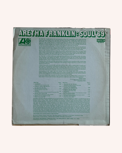 Back cover of a vinyl record with text and logo, featuring Aretha Franklin's 'Soul '69'. Soul '69 Vinyl Record - Aretha Franklin