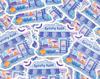 Sticker design of a spooky shop with Halloween elements on a blue background.