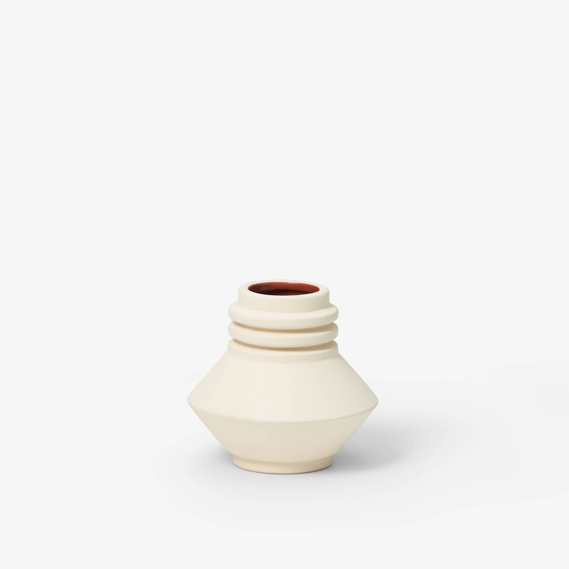White ceramic vase with a brown interior on a white background, Strata Vase
