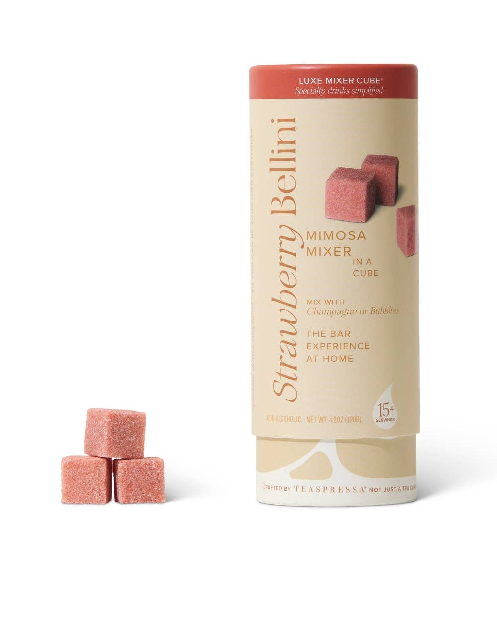 Strawberry Bellini mimosa mixer cubes with packaging on a white background, Strawberry Bellini Mixer