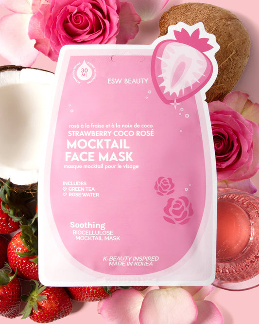 Strawberry Coco Rosé Mocktail Face Mask with strawberries, coconut, and roses on a pink background